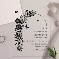 Elegant Black Butterfly Botanical Wedding Acrylic Invitations