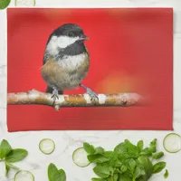 Cute Black-Capped Chickadee with Red Autumn Leaves Kitchen Towel