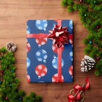 Christmas blue and red ornaments with snowflakes wrapping paper