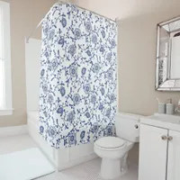 Hamptons Aesthetic Blue Boho Floral Swirls Pattern Shower Curtain