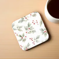 Holly and Berries Watercolor Style Beverage Coaster