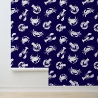 Crab and Lobster Navy Blue and White Seafood Wallpaper