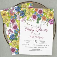 Vibrant Colorful Hand-Drawn Flowers Baby Shower Invitation