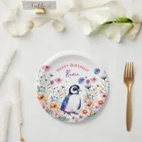 Penguin in Flowers Girl's Birthday Personalized Paper Plates