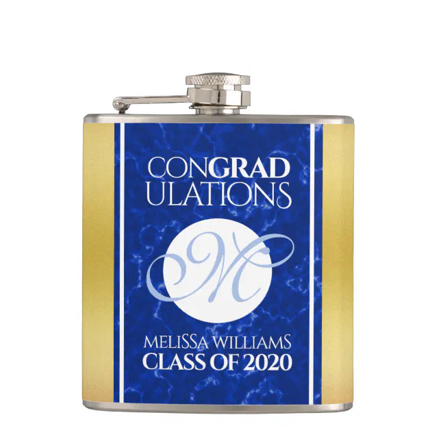 Elegant Graduation Monogram Blue Marble Gold Foil Flask