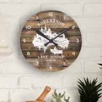 Rustic Wood Lake House Scene Family Name  Round Clock