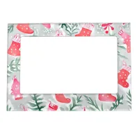 Festive Green Leaves Red Christmas Stockings Magnetic Frame