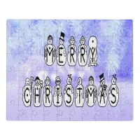 Merry Christmas Snow People Font, Blue Tint Snow Jigsaw Puzzle