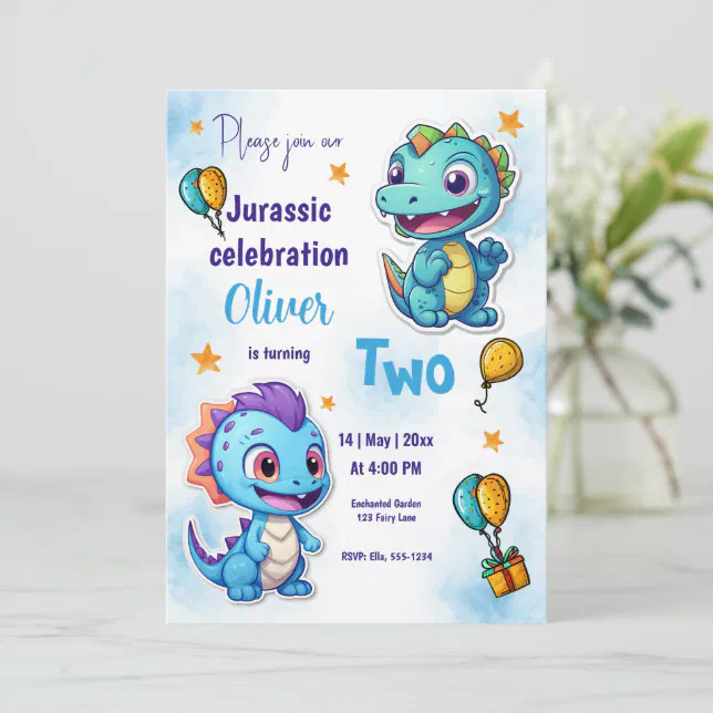 Dinosaurs Cartoon Blue Birthday Celebration Invitation