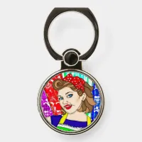 Retro Pop Art Woman Colorful Hand Drawn Phone Ring Stand