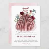 Burgundy Silver glitter Floral Dress Quincea&#241;era Invitation