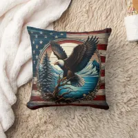 American Eagle Against Scenic Forest Background Throw Pillow