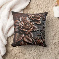 Elegant Copper Roses on Artisan Leather Craft Throw Pillow