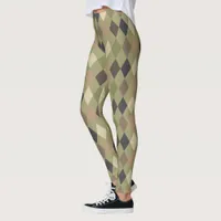 Stylish Khaki Green and Brown Diamond Pattern Leggings