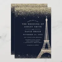 Paris Eiffel Tower Gold Confetti Navy Blue Wedding Invitation