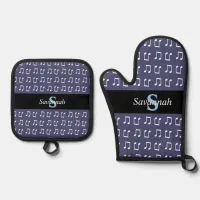 Monogrammed Purple Musical Patterned Music Notes Oven Mitt & Pot Holder Set