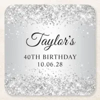 Glittery Silver Gradient 40th Birthday Square Paper Coaster