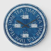 Tea Time Silver on Blue Large Clock