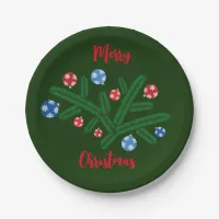 Christmas tree branch with snowflake decorations paper plates