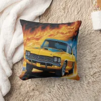 Fiery hot rod racing through a sunset-lit road throw pillow