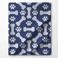 Navy Blue and White Dog Bones Paw Prints Pattern Fabric