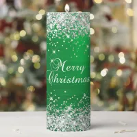 Silver Glitter Green Foil Merry Christmas Pillar Candle