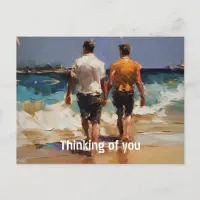 Gay couple walking on the beach postcard