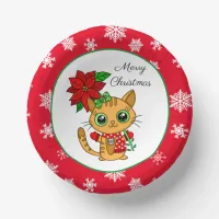 Merry Christmas | Orange Cat with Poinsettia   Paper Bowls