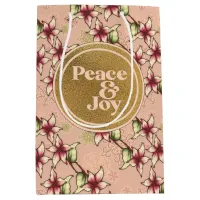 Peace & Joy, Pink and Gold Poinsettia Christmas Medium Gift Bag