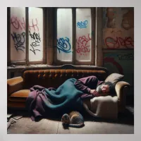 Homeless Man Sleeping in Abandoned Building   Poster