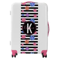 Trendy Floral Black & White Stripes Personalized Luggage