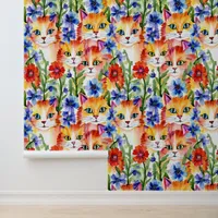 Whimsical Folk Art Watercolor Flowers and Cats Wallpaper