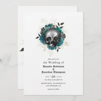 Teal Floral Skull Halloween Gothic Wedding Invitation