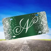 Silver Glitter Dark Green Foil Fancy Monogram License Plate