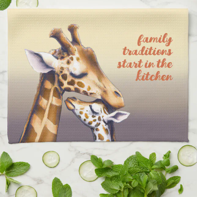 Touching Moment Between Mother Giraffe & Calf Kitchen Towel