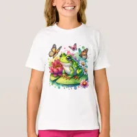 Cute Frog on Lily Pad with Flowers and Butterflies T-Shirt