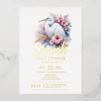 Tropical Egret Bird Coastal Baby Shower Foil Invitation