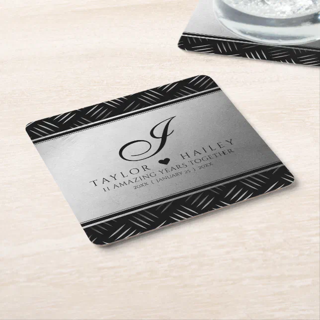 Elegant 11th Steel Wedding Anniversary Celebration Square Paper Coaster