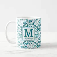 Girly Teal Turquoise Tropical Flowers Monogram Coffee Mug