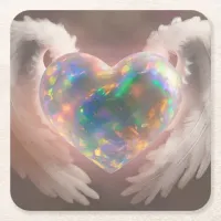 *~* Flashy Opal Heart Angel Wings AP78  Square Paper Coaster