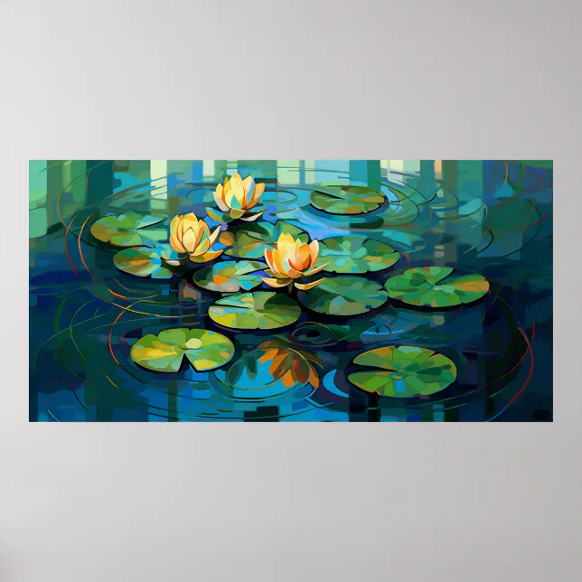 Water lilies and lotus flowers watercolor painting poster