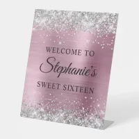 Silver Glitter Light Pink Foil Sweet Sixteen Pedestal Sign