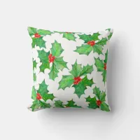 Holly Leaves, Berries, Red, Green Floral Christmas Throw Pillow