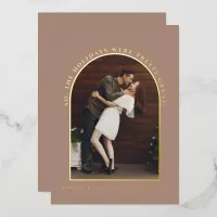 Neutral Taupe Gold Arch Photo Engagement Foil Invitation