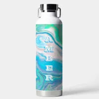 Mint Green and Blue Fluid Art     Water Bottle