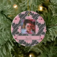 Pink Flowers And Stripes Personalized Ornament