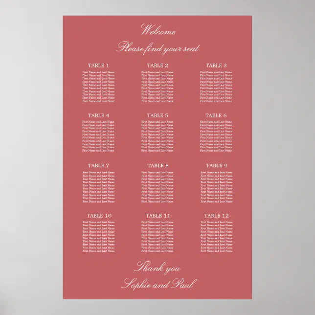 Dusty Rose Pink 12 Table Seating Chart Poster