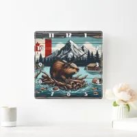 Canadian Beaver on a Log by Lake With Mountains Square Wall Clock