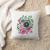 Vintage Flowers and Retro Camera Personalized Throw Pillow