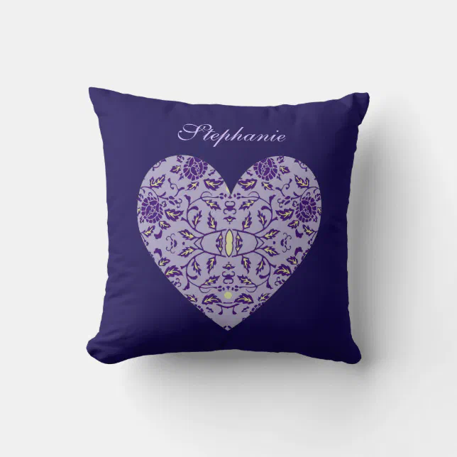 Elegant Flowery Purple Damask Heart Throw Pillow